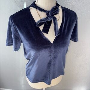 Madewell Blue Velvet Short Sleeve Top with bow neck tie detailing